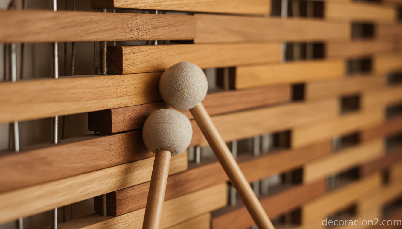 Detalle de las baquetas y las tablillas talladas de la persiana musical
