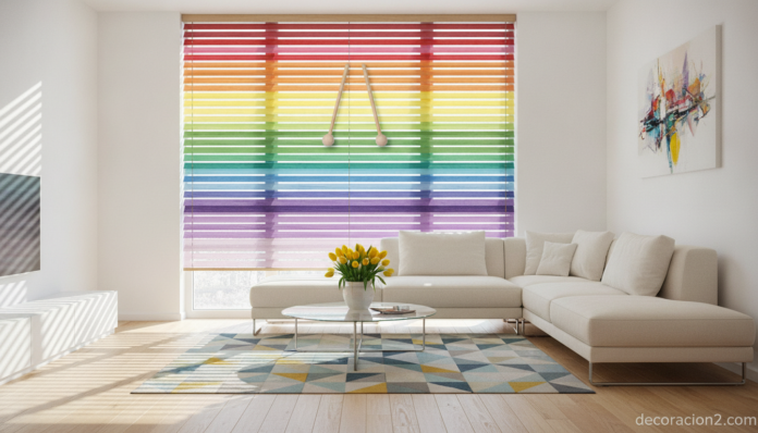 Persiana decorativa y musical tipo xilófono colgada en una ventana luminosa