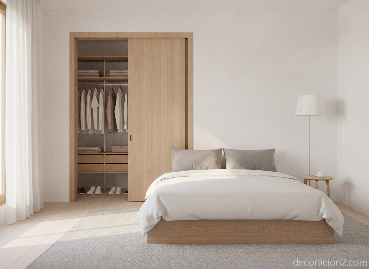 Puertas minimalistas: guía de diseño y cómo elegirlas 6 Puerta corredera minimalista de madera clara en un dormitorio
