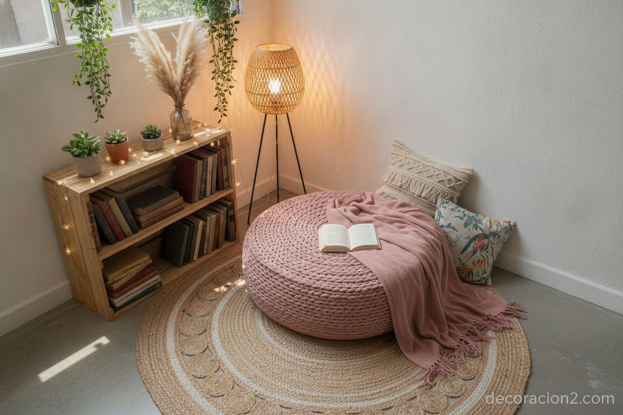 Puff ecológico rosa usado como asiento en un rincón de lectura boho