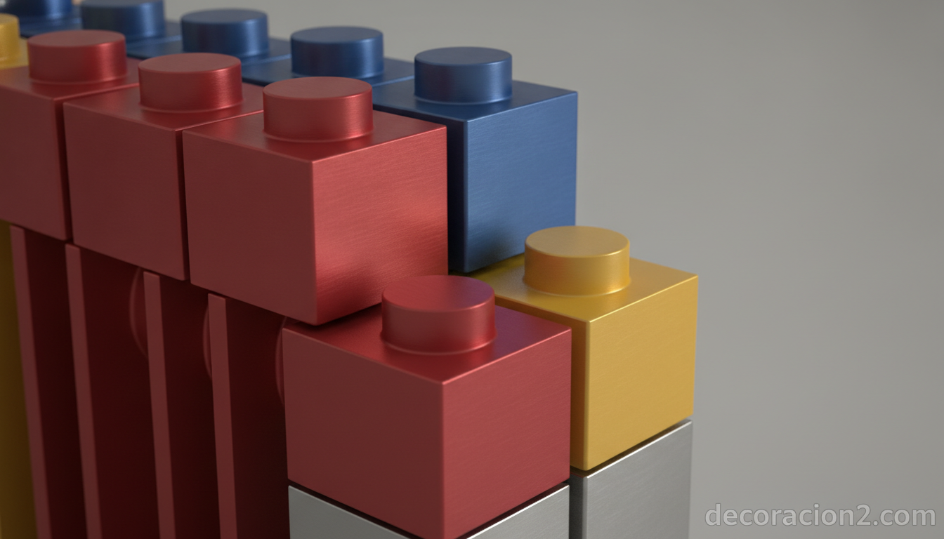 Detalle de un radiador modular de aluminio con piezas de colores estilo Lego