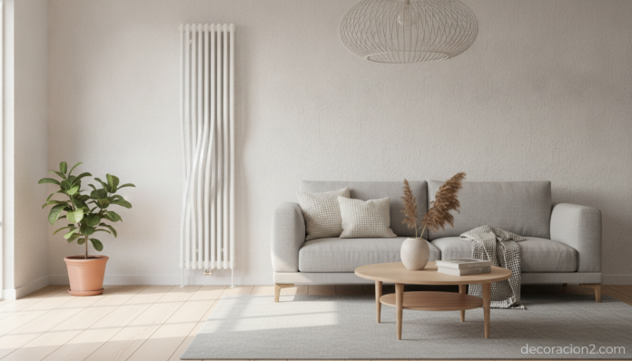 Radiador decorativo de diseño en un salón moderno y luminoso