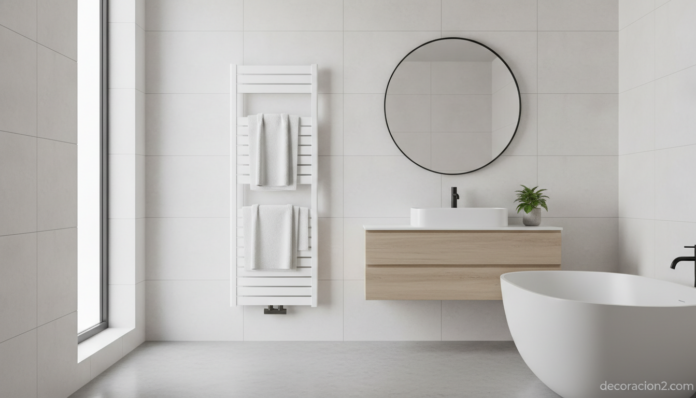 Radiador toallero blanco de diseño en un baño moderno