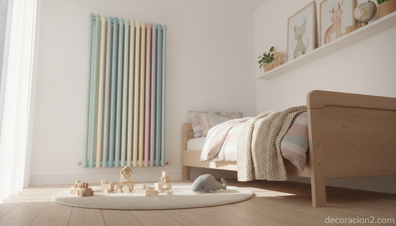 Radiador vertical de diseño en un dormitorio infantil moderno y luminoso