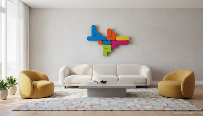 Radiador de diseño moderno de colores como elemento decorativo en un salón