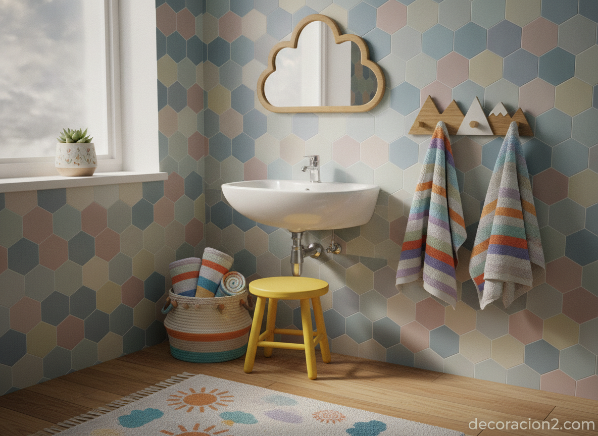 Rincón de baño infantil decorado con espejo de nube y toallas de colores