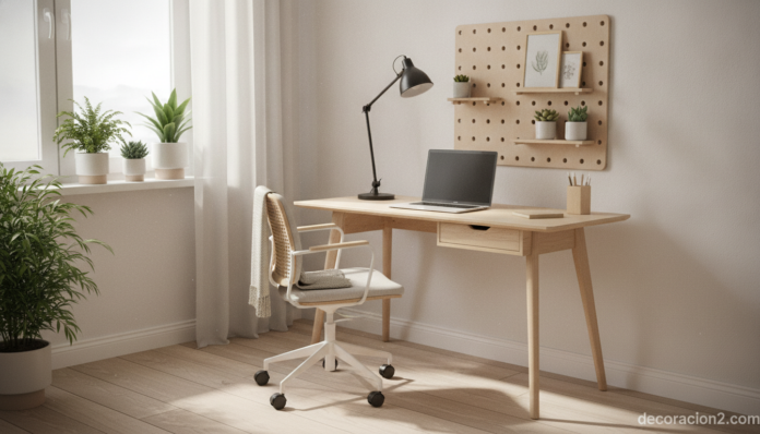 Rincón de estudio en casa con escritorio, silla y buena iluminación