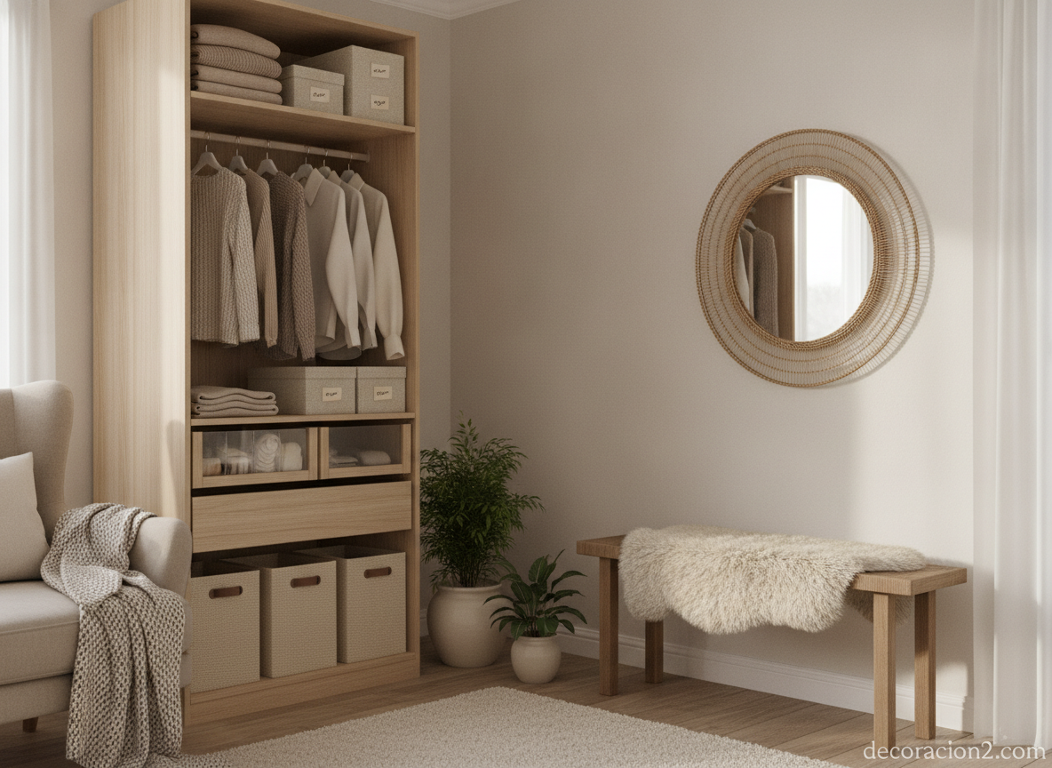 Perchas Dino: cómo organizar el armario con un sistema modular 4 Rincón de dormitorio con soluciones de almacenaje y armario organizado