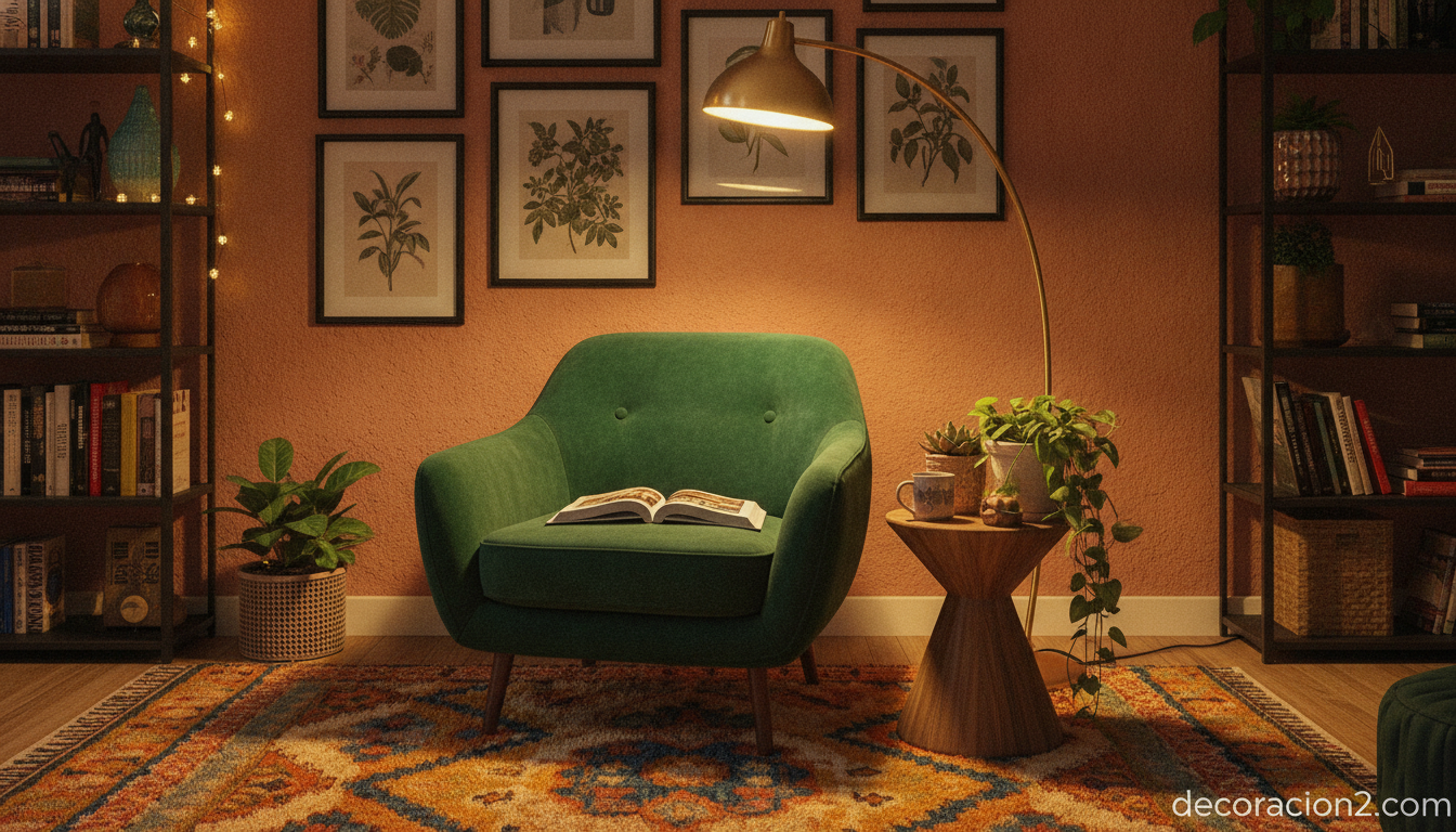 Rincón de lectura con sillón de diseño de autor iluminado por lámpara de pie
