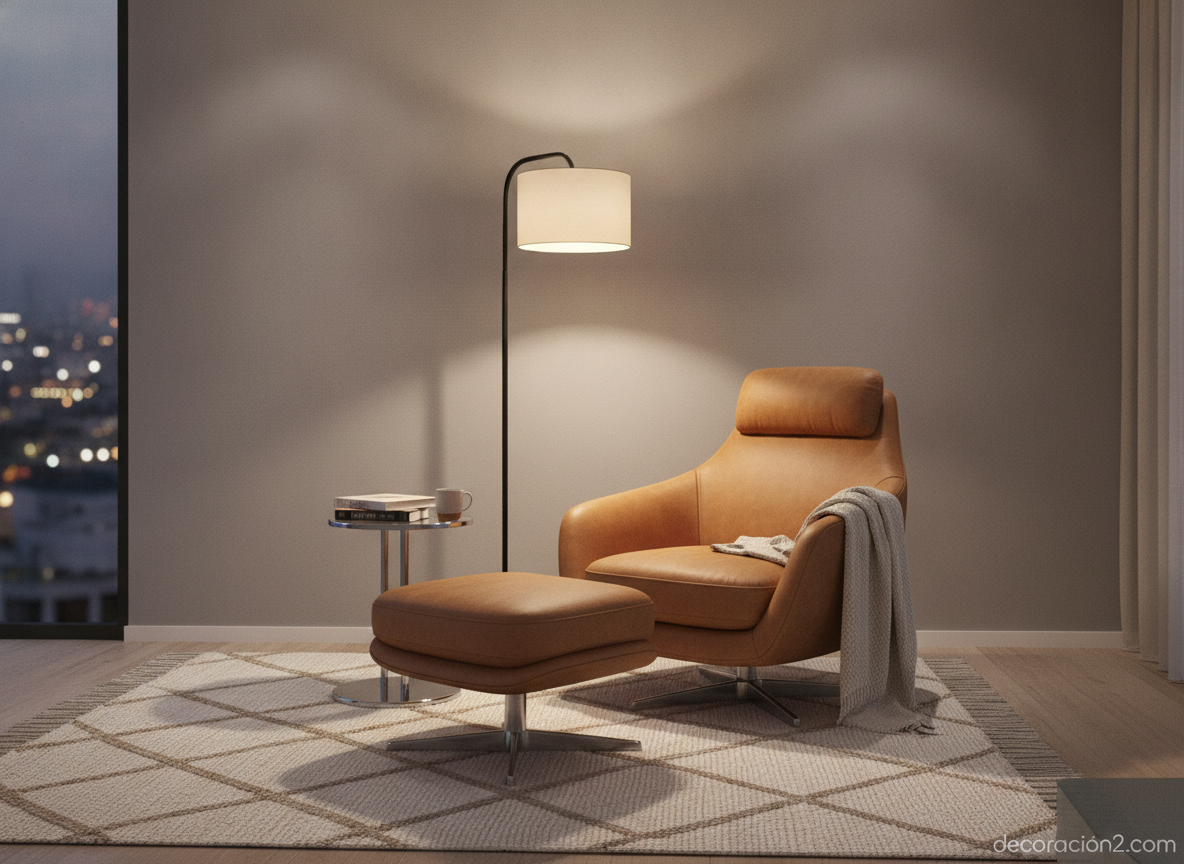 Rincón de lectura con sillón de diseño y lámpara de pie en salón contemporáneo