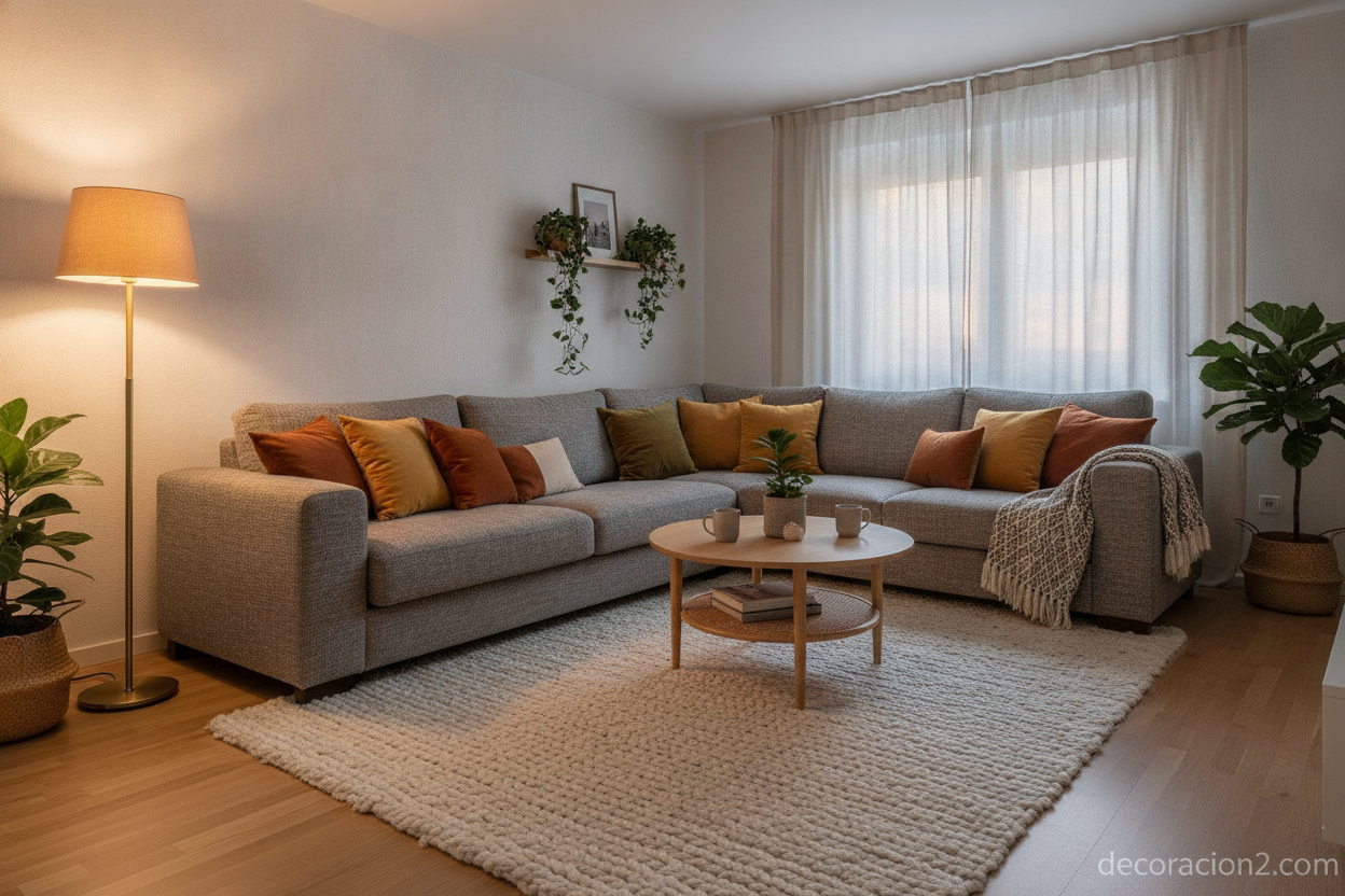 Salón nórdico con sofá rinconera de tela gris, alfombra y cojines de colores
