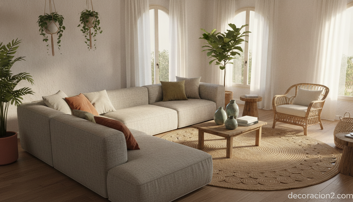Salón con sofá modular ecológico y textiles naturales en estilo mediterráneo