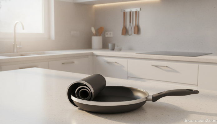 Sartén enrollable de silicona sobre la encimera de una cocina moderna