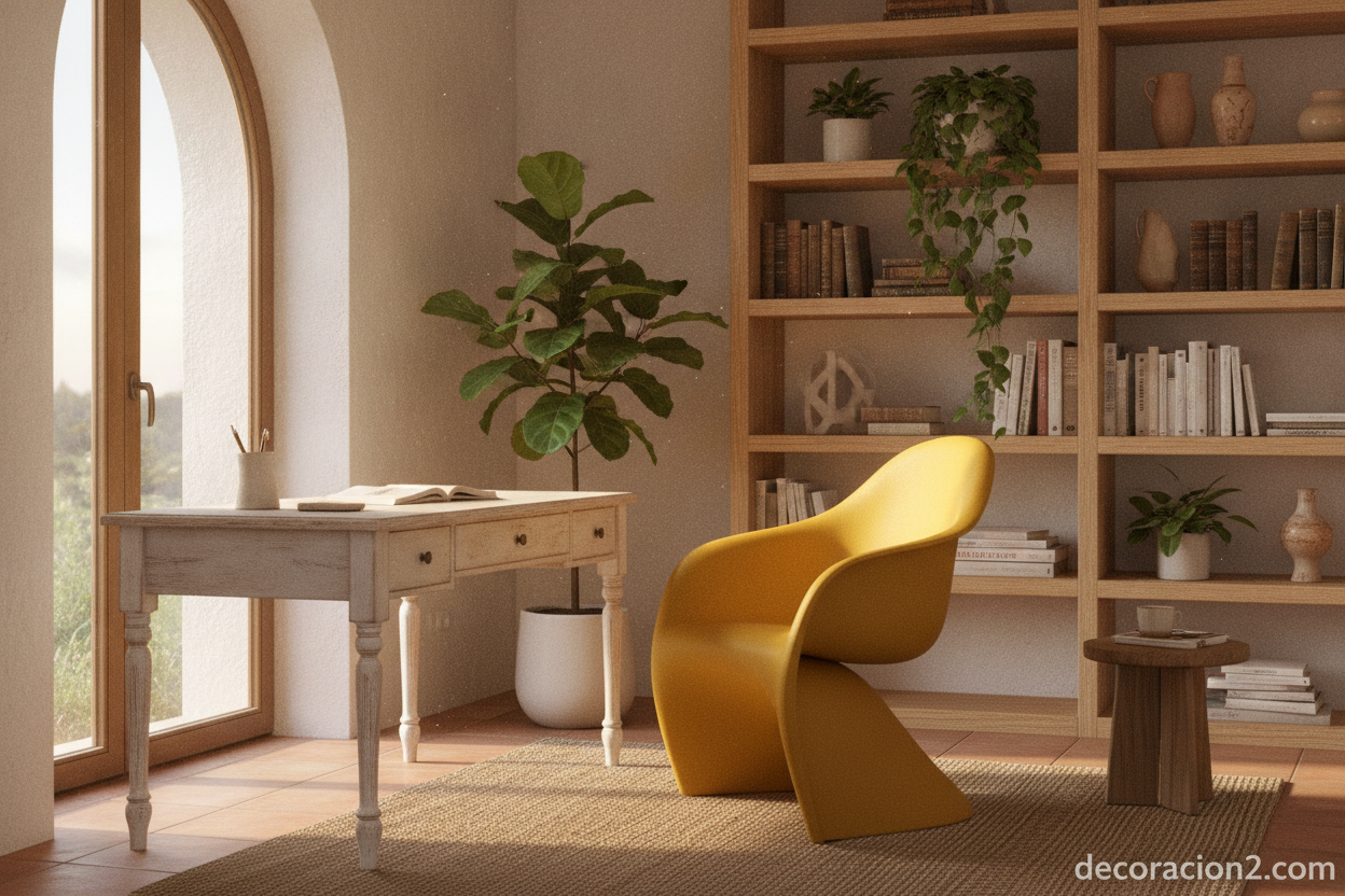 Silla de diseño amarilla como pieza de acento en un rincón de oficina en casa