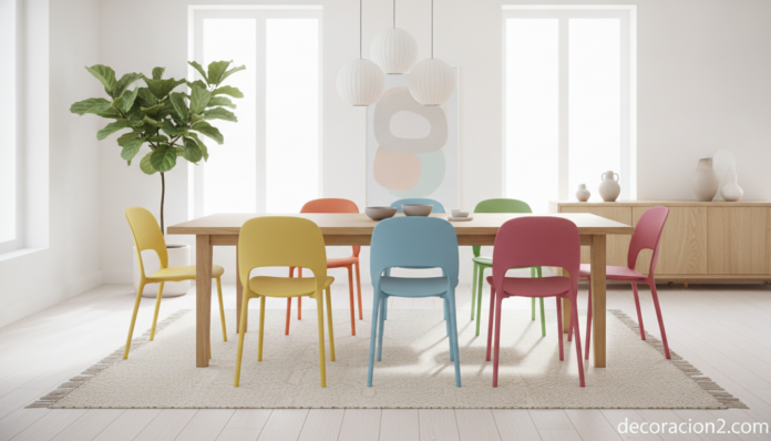 Sillas de diseño ligero de colores vivos en un comedor minimalista