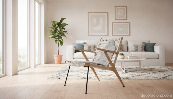 Silla de diseño String Chair con estructura de madera e hilos de nylon en un salón moderno