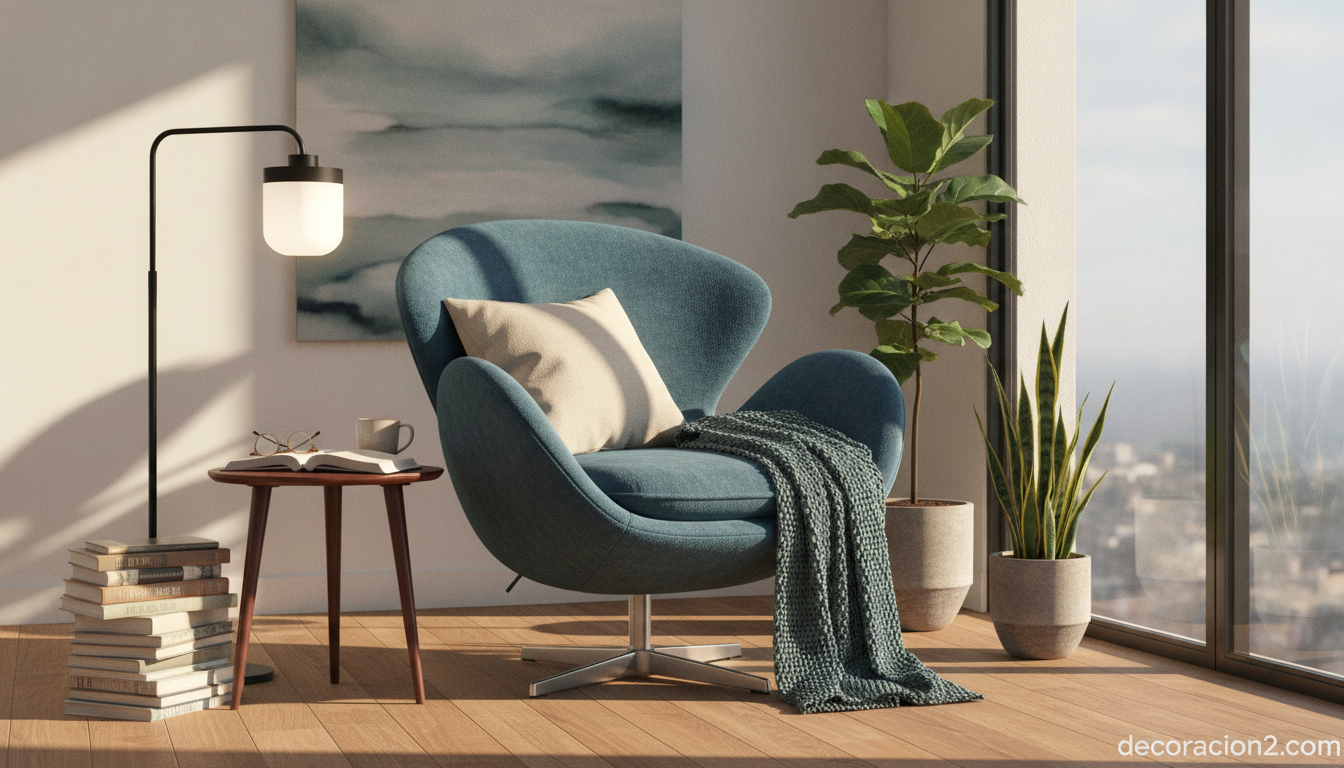 Silla Swan en azul petróleo como rincón de lectura junto a la ventana