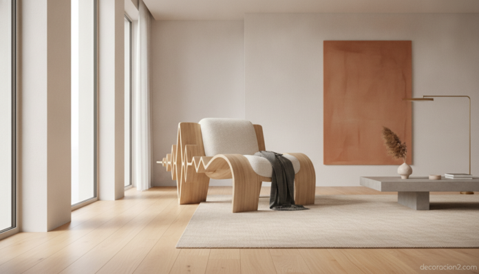 Sillón de diseño escultórico de formas onduladas en un salón moderno