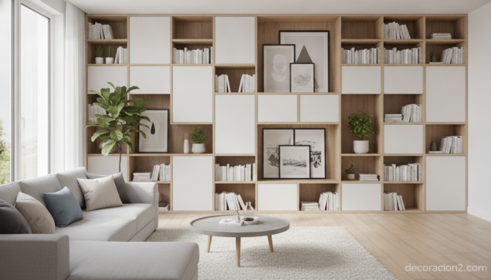 Sistema de almacenamiento modular en un salón moderno y ordenado