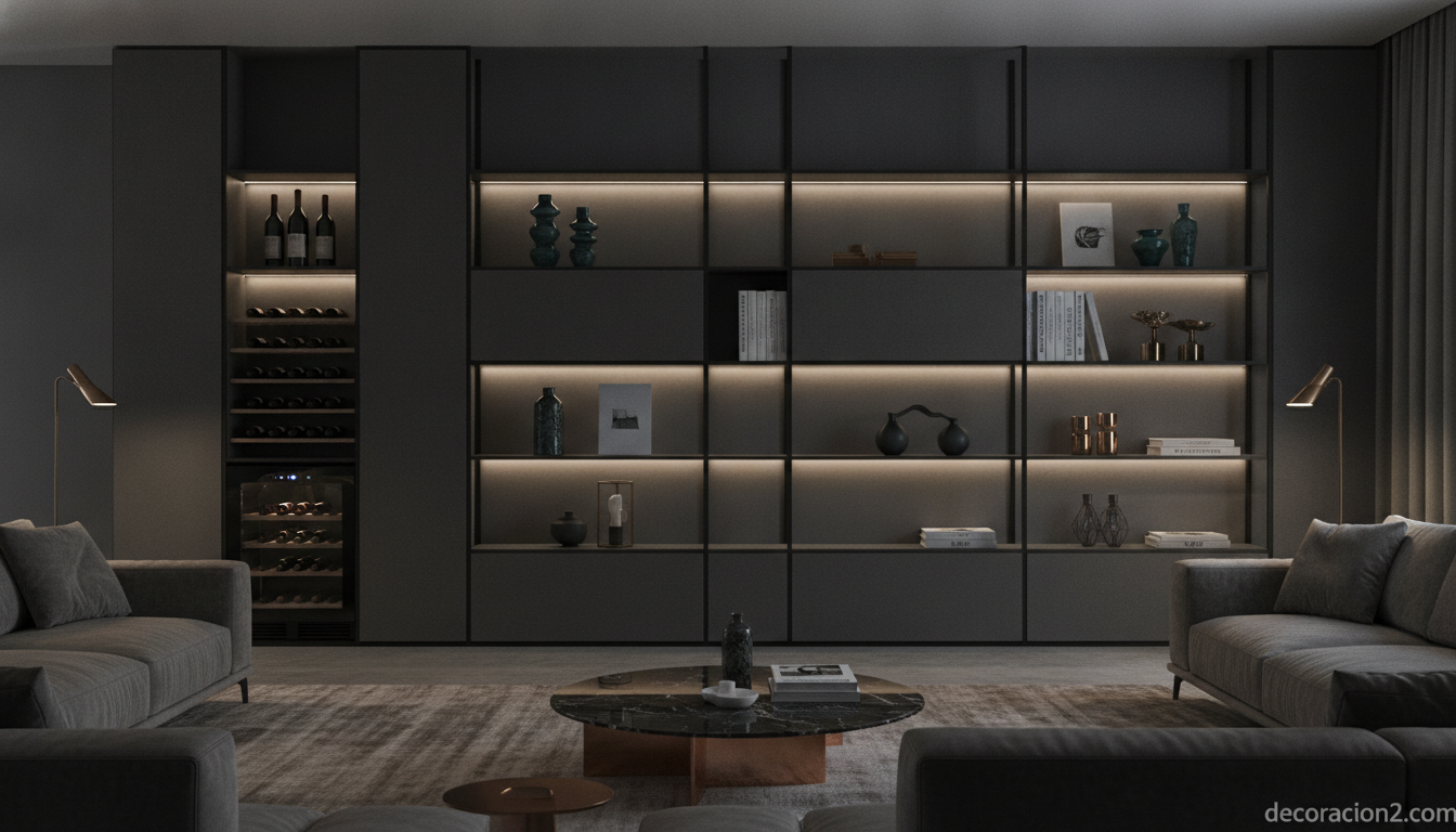Sistema modular oscuro con iluminación LED en un salón elegante