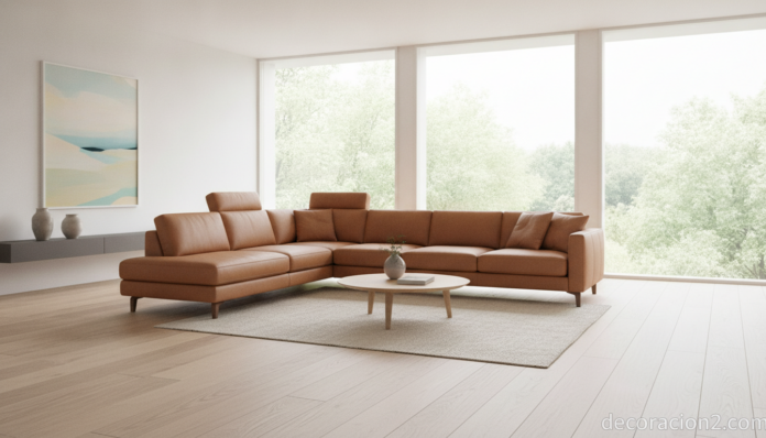 Sofá rinconera de piel con chaise longue en un salón amplio y luminoso