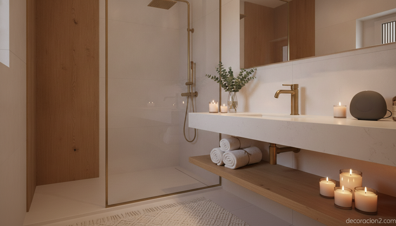 Ambiente relajante de spa en casa con velas, textiles naturales y grifería moderna