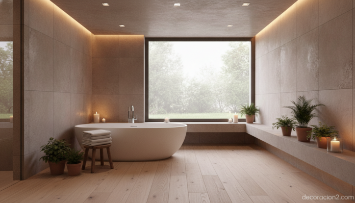 Baño convertido en spa en casa con bañera exenta e iluminación cálida
