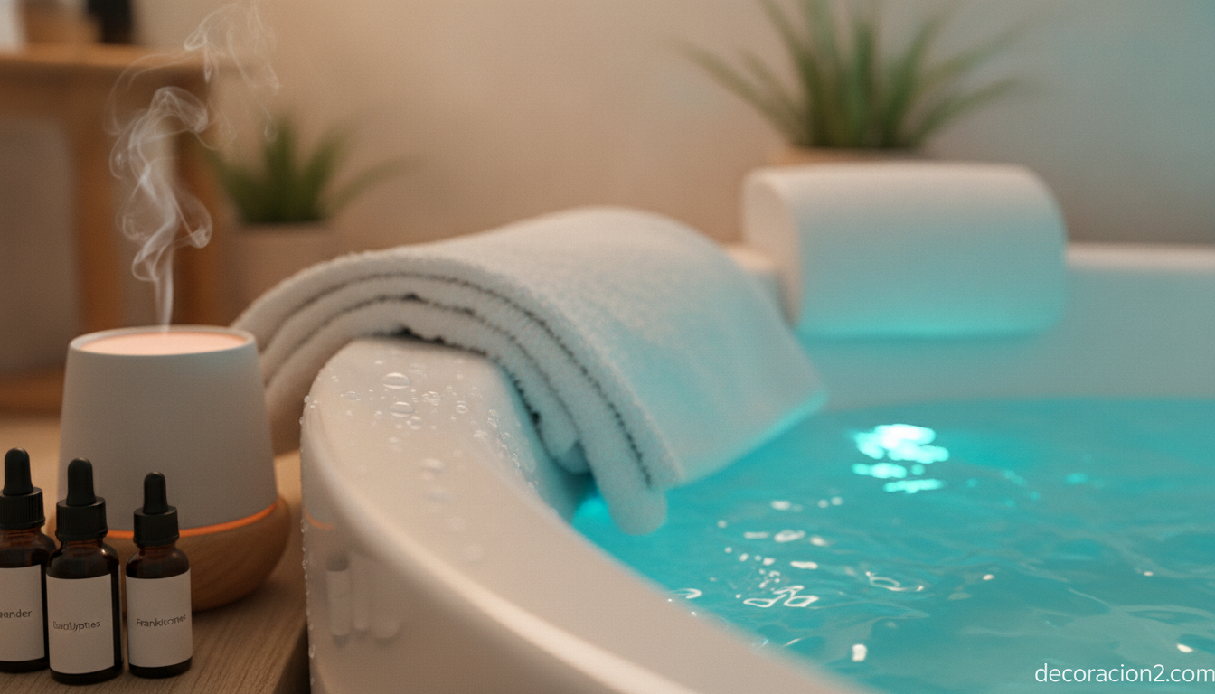 Detalle de cromoterapia y aromaterapia en una bañera de spa en casa