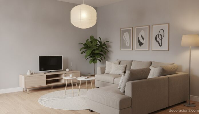 A modern, cozy Scandinavian-style living room with a small compact television mounted on a low wooden media console agains... Salón moderno con televisor pequeño integrado en un mueble bajo de madera