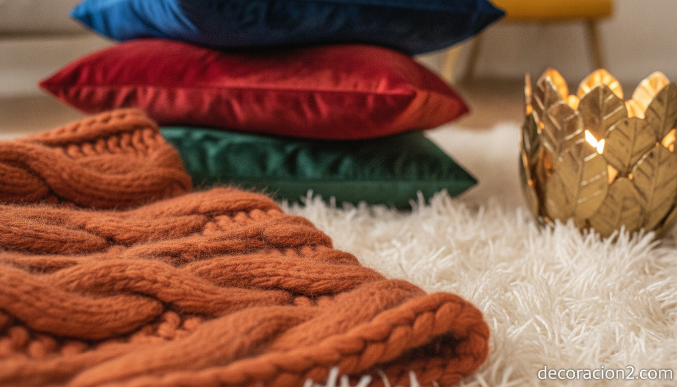 Detalle de textiles cálidos de otoño en lana y terciopelo con tonos tierra