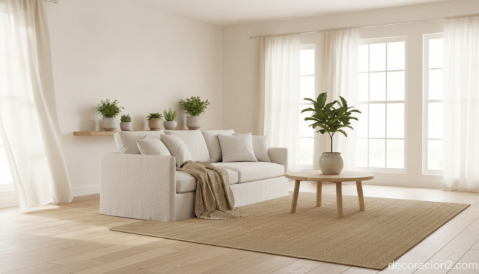 A bright, airy living room decorated with organic home textiles: white linen cushions, a soft natural cotton throw draped ... Textiles orgánicos de lino y algodón en un salón luminoso y natural