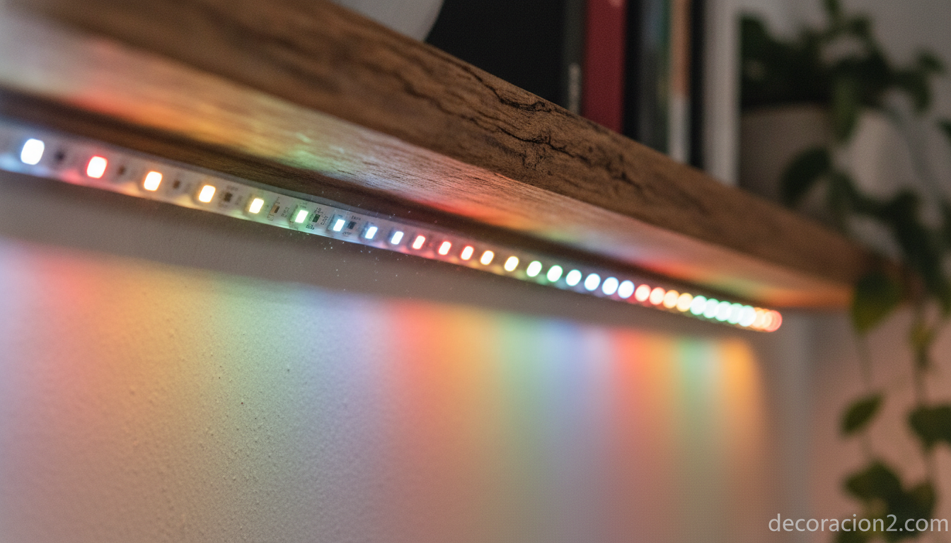 Tira LED de colores instalada bajo un mueble como luz indirecta