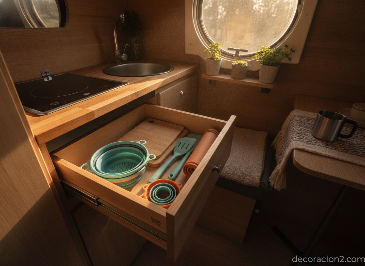 Utensilios de cocina plegables de silicona guardados en una cocina compacta de autocaravana