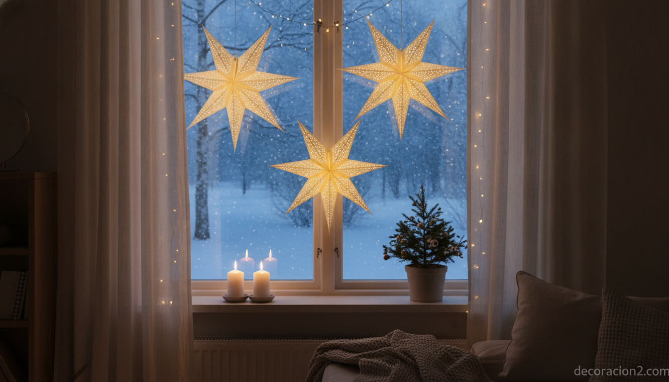 Ventana nórdica en Navidad con estrellas de papel iluminadas y velas