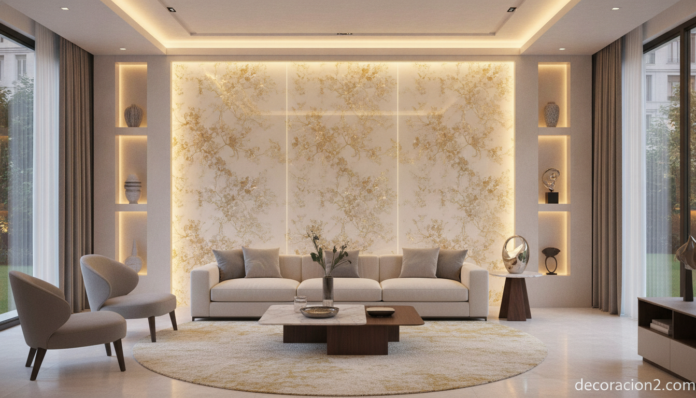 Salón moderno decorado con un panel de vidrio decorativo en la pared