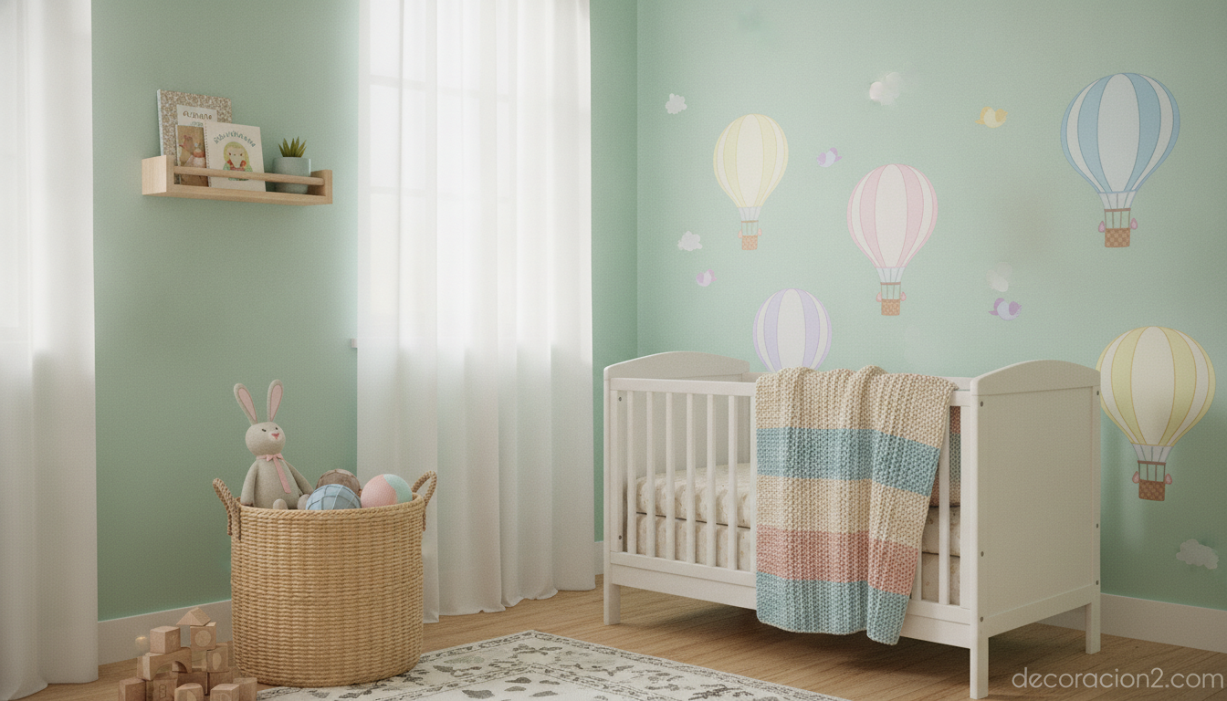 Vinilos decorativos Plage: diseños franceses reutilizables para tus paredes 5 Habitación infantil decorada con vinilos de colores en la pared sobre la cuna