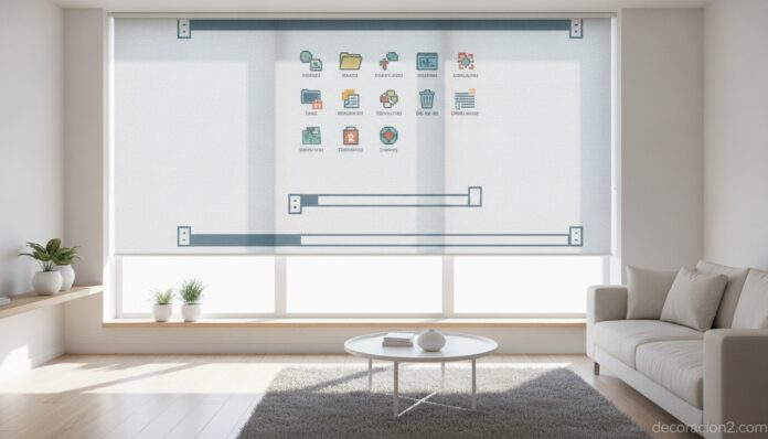 Persiana decorativa de vinilo inspirada en el escritorio de un ordenador en un salón moderno