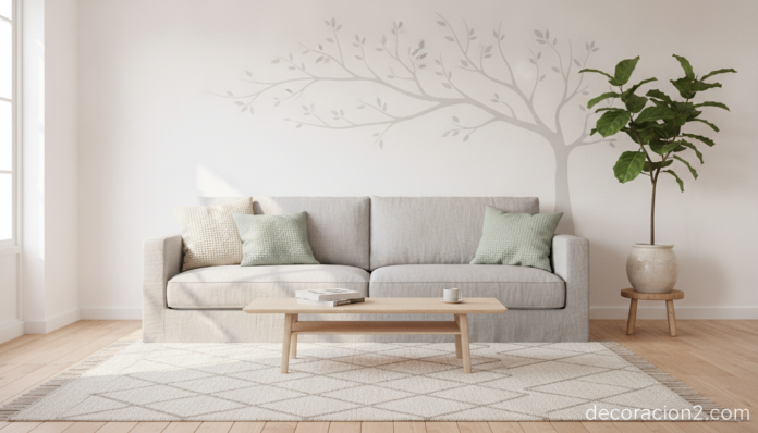A bright modern Scandinavian living room photographed in natural daylight, with a large decorative wall vinyl sticker of a... Salón moderno decorado con vinilos decorativos Plage en la pared principal