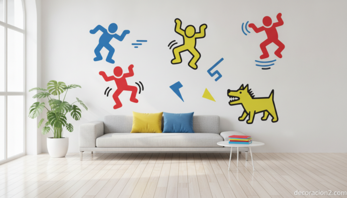 Salón moderno decorado con vinilos de Keith Haring de estilo pop art en la pared