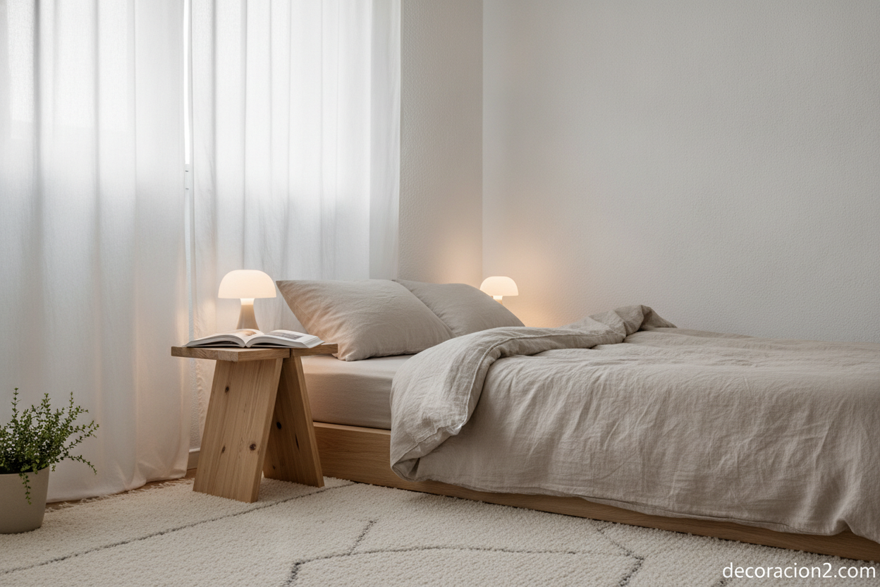 Zaishu: el mueble de madera que es mesa y taburete a la vez 11 Mueble Zaishu como mesita de noche en un dormitorio nórdico minimalista