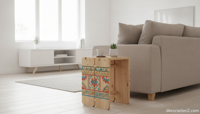 A warm, bright modern living room interior featuring a small multifunctional Australian wooden furniture piece made of ass... Mueble Zaishu de madera usado como mesa auxiliar y taburete en un salón moderno