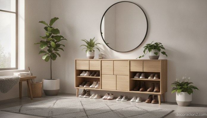 A stylish modern entryway hall with an original designer shoe cabinet made of oak wood, neatly arranged shoes, warm natura... Zapatero original de madera en un recibidor moderno y ordenado