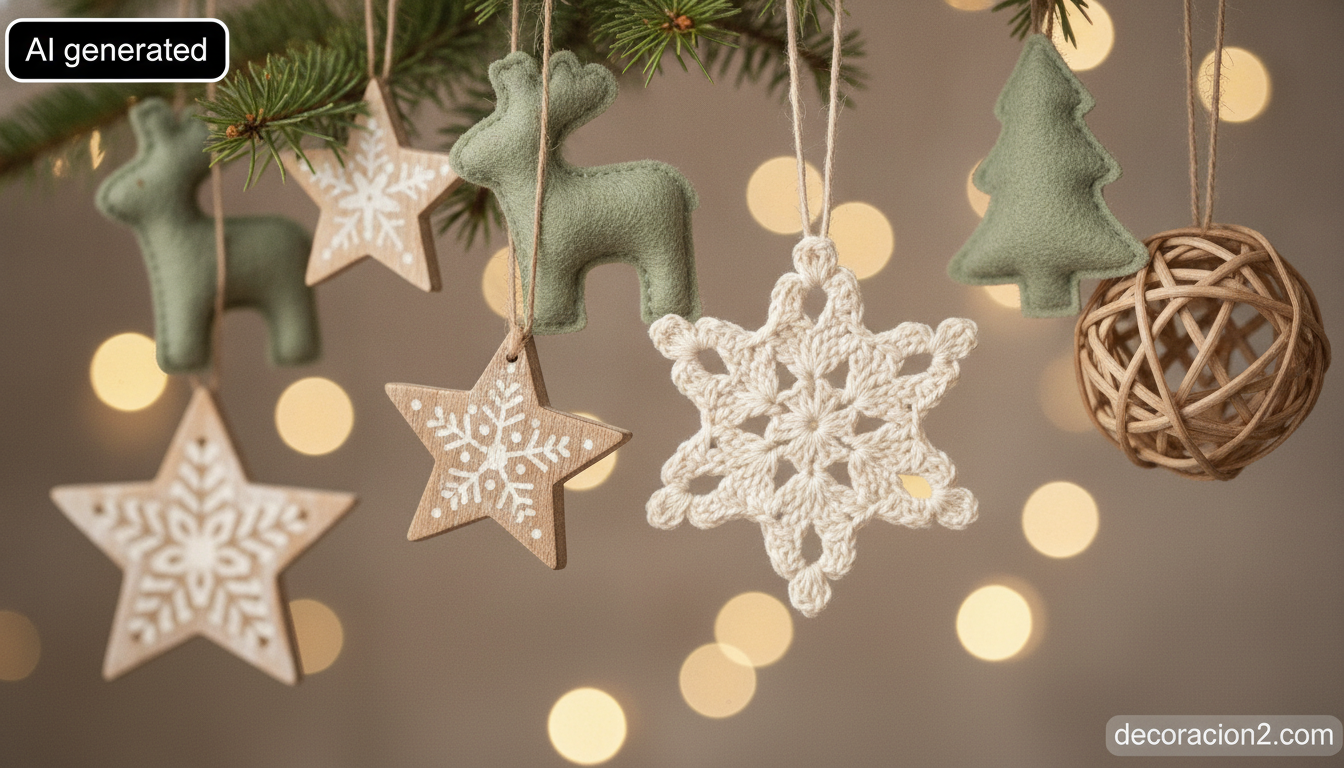 Detalle de adornos artesanales de madera y fieltro colgados en un árbol de Navidad