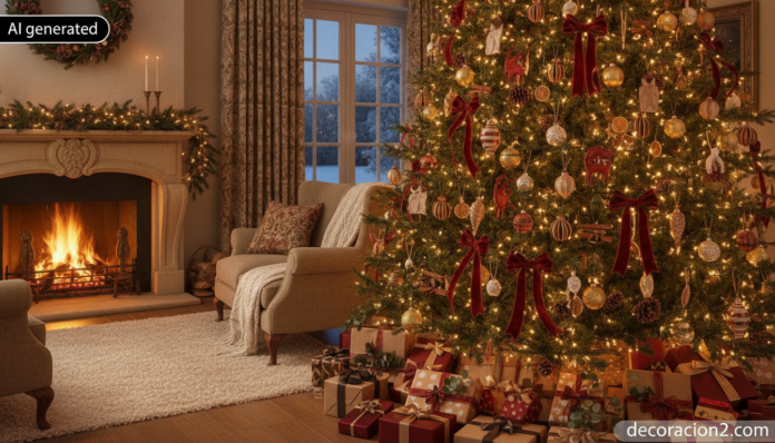 Árbol de Navidad decorado con adornos originales y luces cálidas en un salón