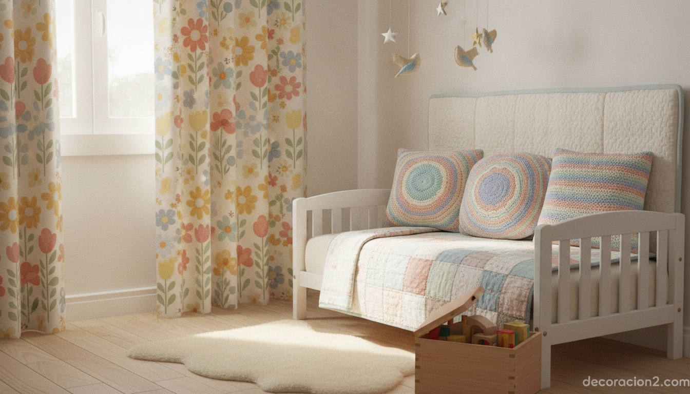 Textiles vintage con cortinas retro y colcha de patchwork en un dormitorio infantil