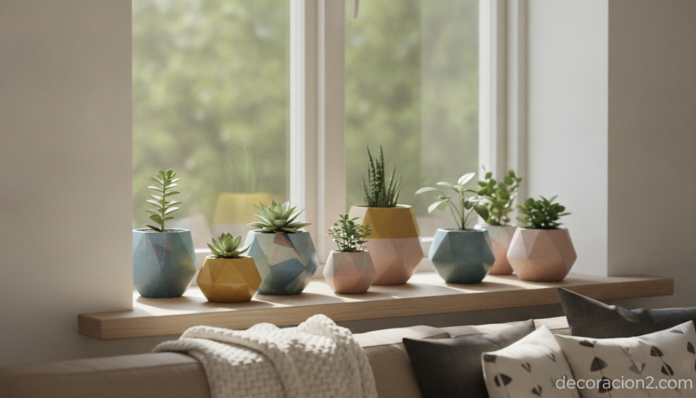 Miniplantas para el hogar en macetas de colores sobre el alféizar de una ventana