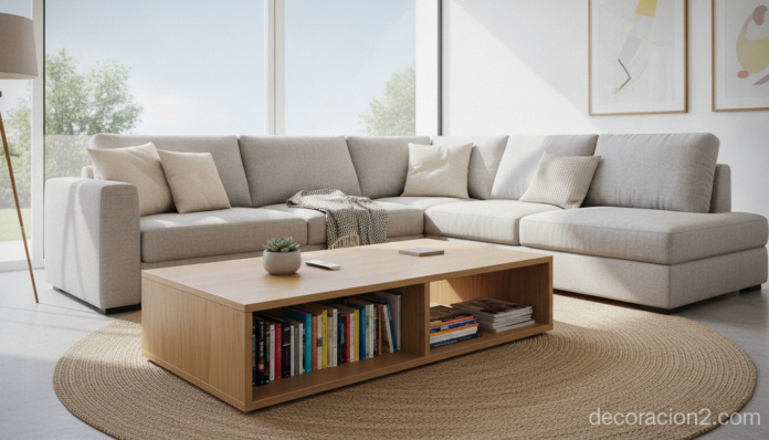 Salón moderno con mesa de café con librería integrada de madera