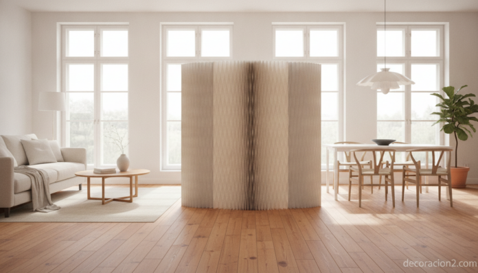 Separadores de ambiente Soft de papel dividiendo un salón moderno