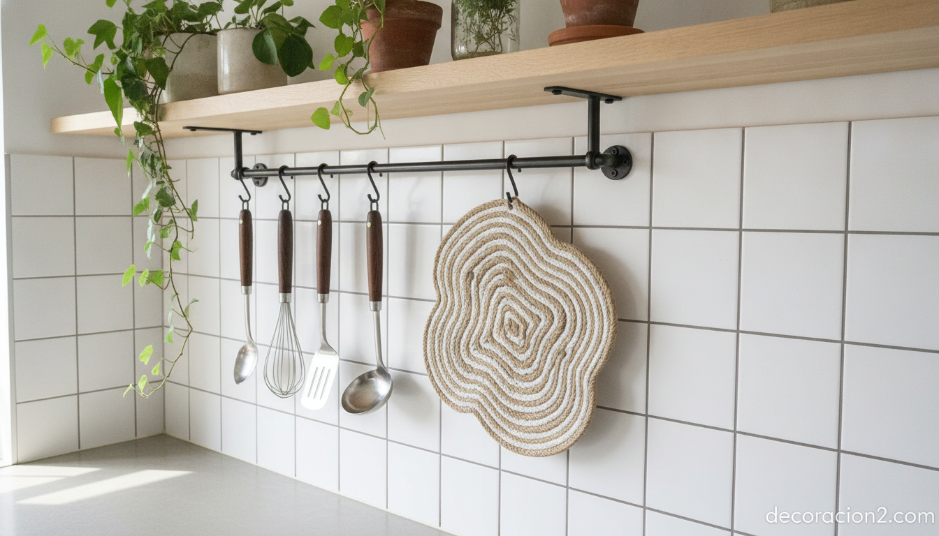 Salvamanteles de diseño colgado en la pared como elemento decorativo de la cocina