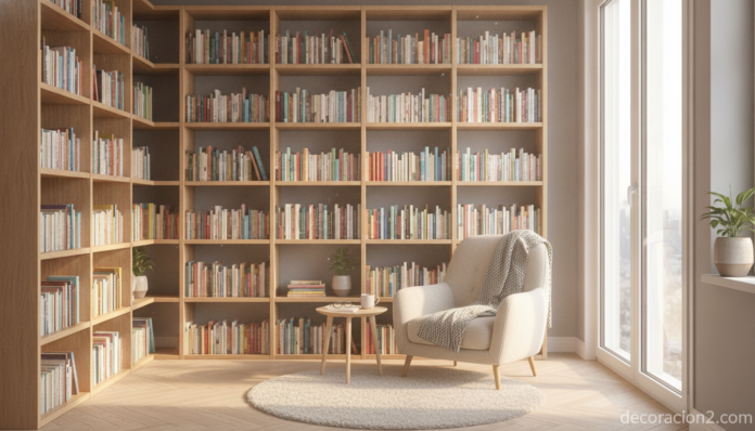 Biblioteca en casa con estanterías de madera llenas de libros y rincón de lectura